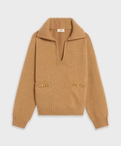 Celine Open-Collar Sweater With Signature In Seamless Cashmere
