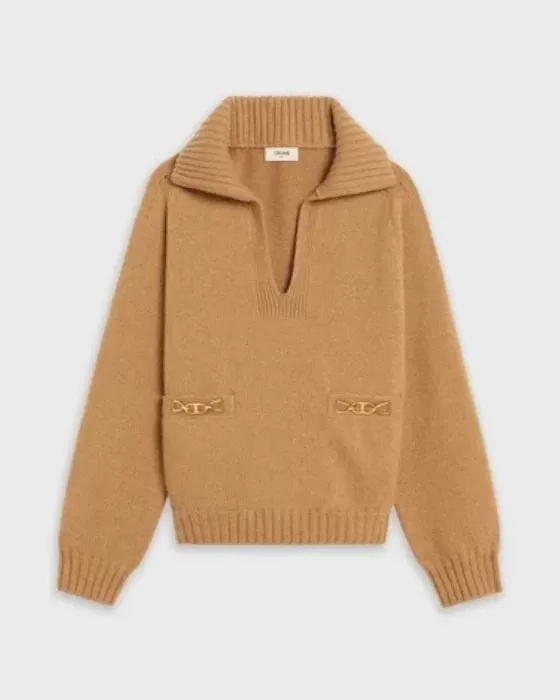 Celine Open-Collar Sweater With Signature In Seamless Cashmere