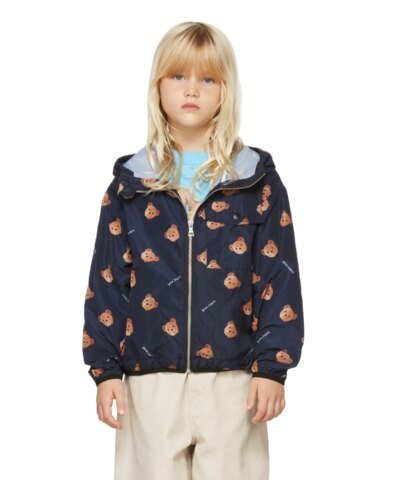 Palm Angels Kids Navy All Over Bear Windbreaker Jacket