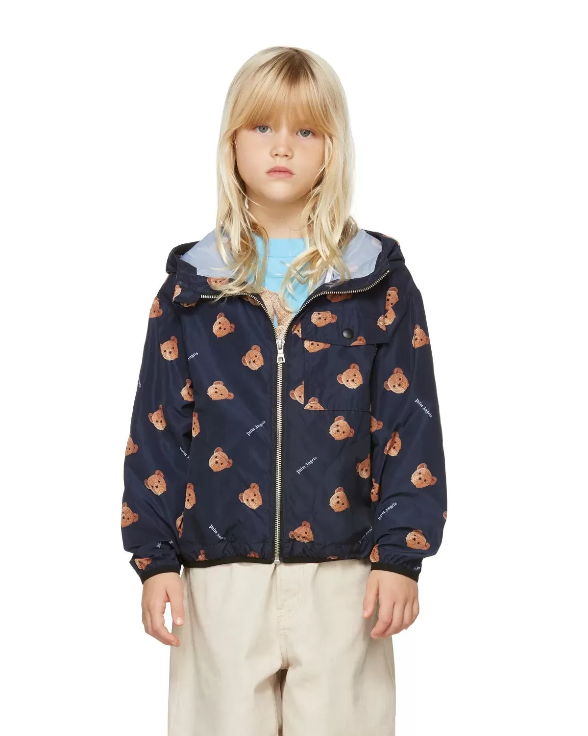 Palm Angels Kids Navy All Over Bear Windbreaker Jacket