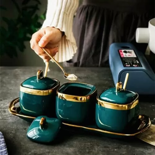 Zuo Luxury Emerald Ceramic Triple Condiment Bowl Set