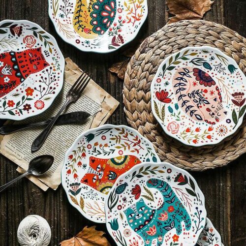 Euro Ceramic 8" Cat Ceramic Dinner Plates