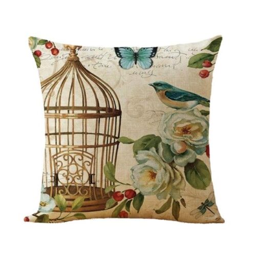 Multicolor Birds and Floral Cotton Linen Accent Pillow, 18