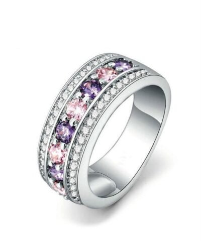 Blaike Round 925 Sterling Silver Purple & Pink Rhinestone Anies Wedding Ring