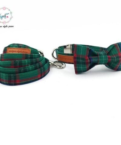 Green Check Pet Bowtie, Collar and Leashes