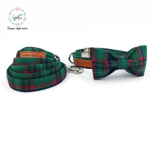 Green Check Pet Bowtie, Collar and Leashes