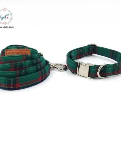 Green Check Pet Bowtie, Collar and Leashes