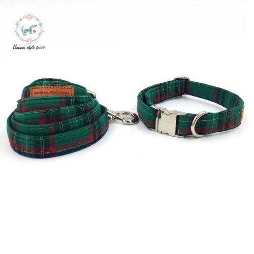 Green Check Pet Bowtie, Collar and Leashes