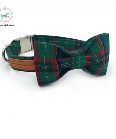 Green Check Pet Bowtie, Collar and Leashes