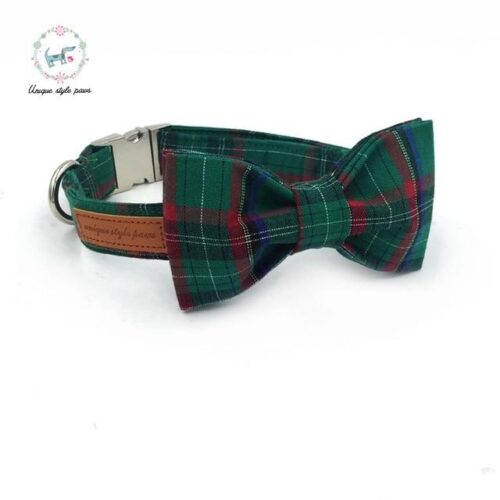 Green Check Pet Bowtie, Collar and Leashes