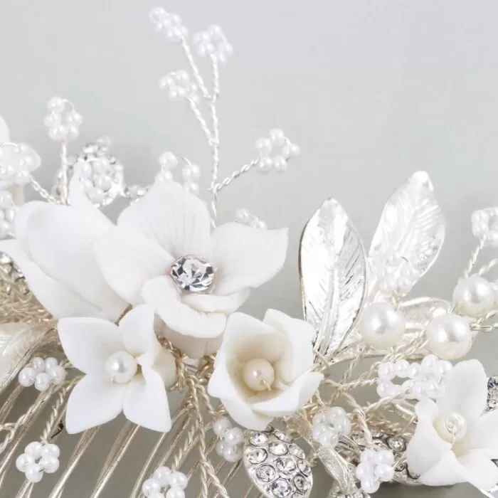 Abyjewelry Floral Silver Hair Comb Piece Pearls Headpiece