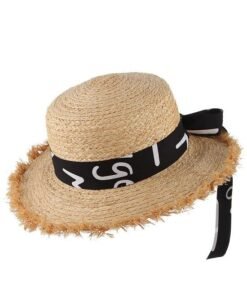 Women's Summer Straw Raffia Woven Print Ribbon Decor Beach Hat