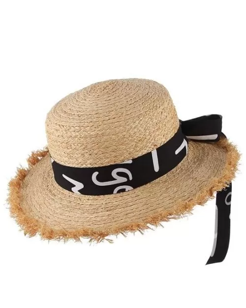 Women's Summer Straw Raffia Woven Print Ribbon Decor Beach Hat