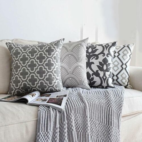 Nordic Gray Embroidered Geometric Floral Canvas Cotton Throw Pillow Cases, 18" x 18"