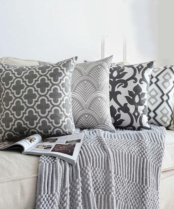 Nordic Gray Embroidered Geometric Floral Canvas Cotton Throw Pillow Cases, 18" x 18"