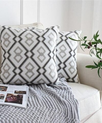 Nordic Gray Embroidered Geometric Floral Canvas Cotton Throw Pillow Cases, 18