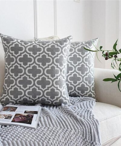 Nordic Gray Embroidered Geometric Floral Canvas Cotton Throw Pillow Cases, 18