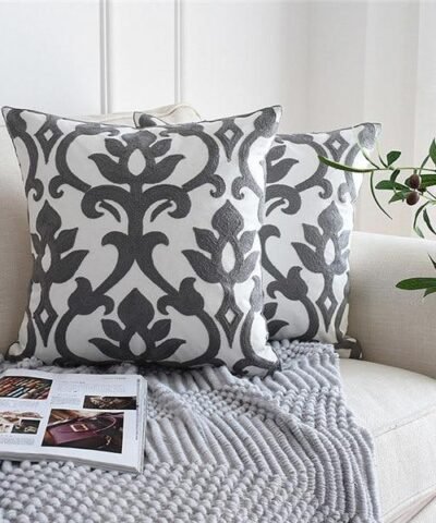 Nordic Gray Embroidered Geometric Floral Canvas Cotton Throw Pillow Cases, 18