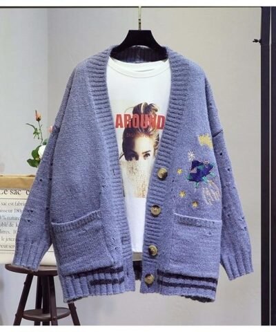 Women's Crown Embroidery Cardigans Poncho Single Breasted Knit Sweater