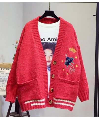 Women's Crown Embroidery Cardigans Poncho Single Breasted Knit Sweater