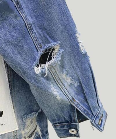 New Vintage Letter Print Frayed Women's Denim Jacket