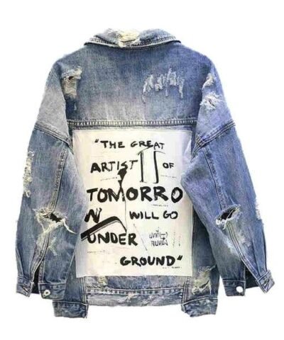 New Vintage Letter Print Frayed Women's Denim Jacket
