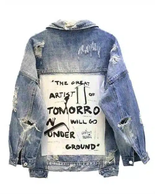 New Vintage Letter Print Frayed Women's Denim Jacket