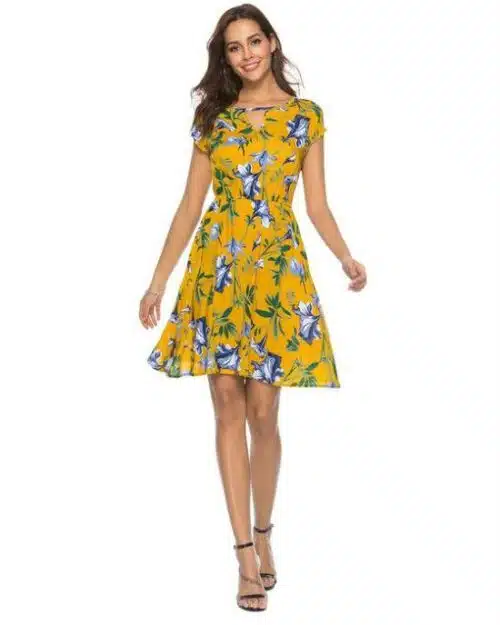 Women's V Neck Holiday Dress Ladies Summer Floral Print Beach Party Mini Dress