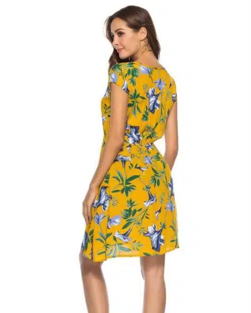 Women's V Neck Holiday Dress Ladies Summer Floral Print Beach Party Mini Dress