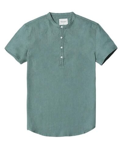 Men's 100% Linen Slim Fit Collarless Tops