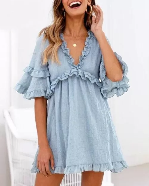 Women's Elegant Solid Ruffles Short Sleeve Dress