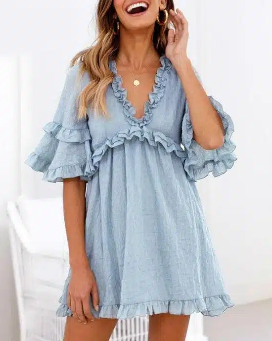 Women's Elegant Solid Ruffles Short Sleeve Dress