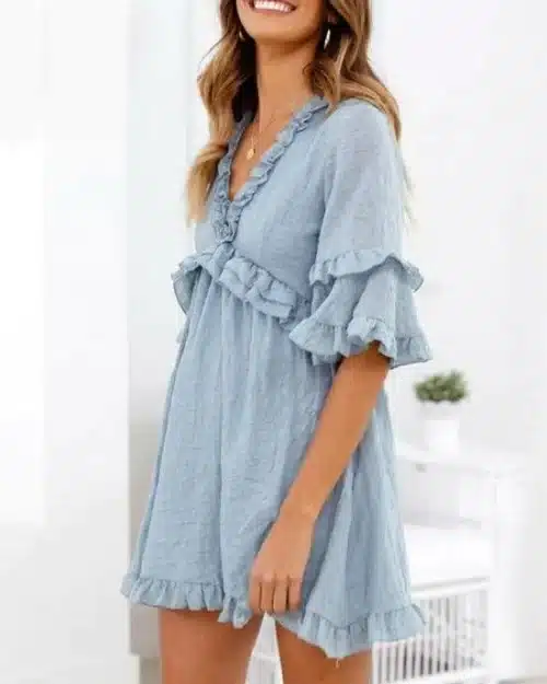 Women's Elegant Solid Ruffles Short Sleeve Dress