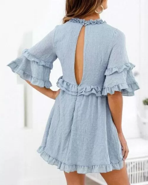 Women's Elegant Solid Ruffles Short Sleeve Dress