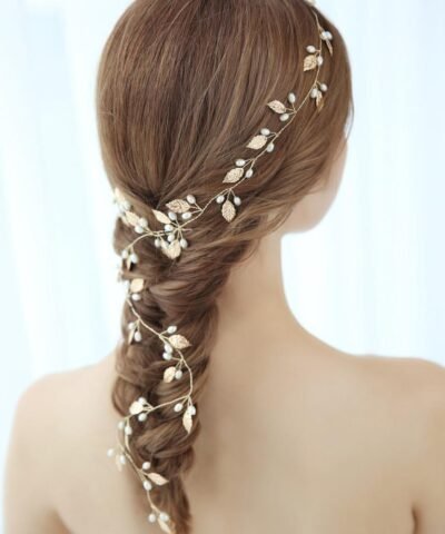Hersbridal Simple Long Hair Vine Gold Leaf & Pearls Handmade Headpiece