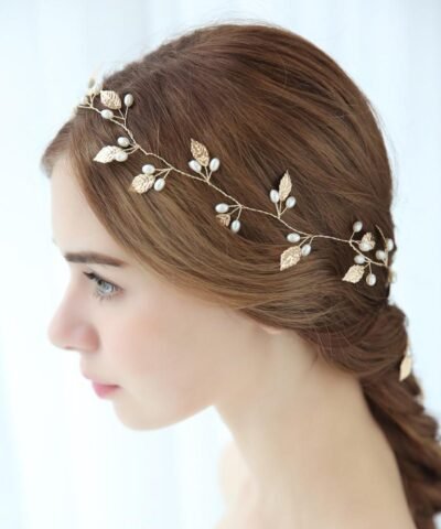 Hersbridal Simple Long Hair Vine Gold Leaf & Pearls Handmade Headpiece