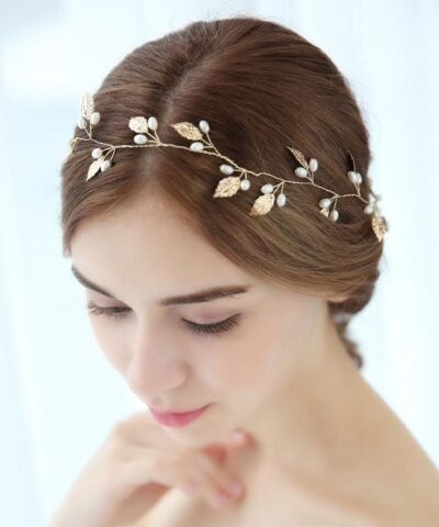 Hersbridal Simple Long Hair Vine Gold Leaf & Pearls Handmade Headpiece