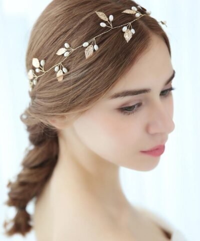 Hersbridal Simple Long Hair Vine Gold Leaf & Pearls Handmade Headpiece
