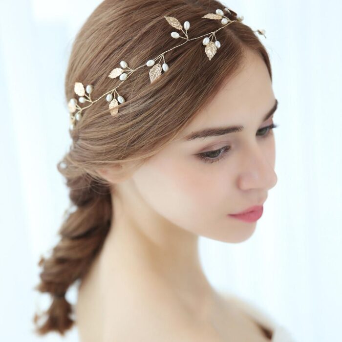 Hersbridal Simple Long Hair Vine Gold Leaf & Pearls Handmade Headpiece