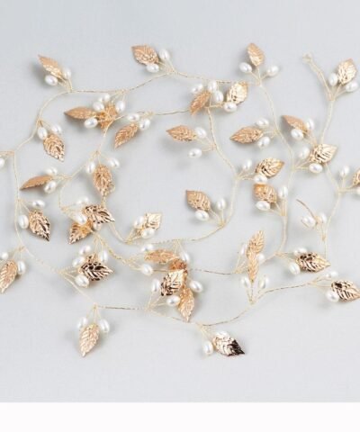 Hersbridal Simple Long Hair Vine Gold Leaf & Pearls Handmade Headpiece