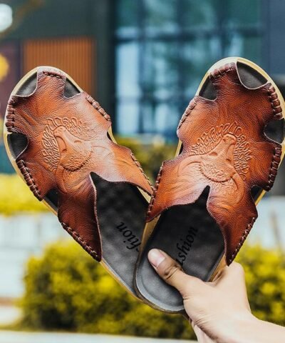 Vancat Men's Genuine Leather Summer Non-Slip Sandals