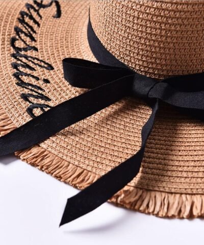 Ster Women's Black Ribbon Lace Up Large Brim Straw Hat