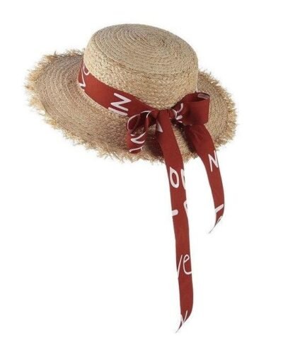 Women's Summer Straw Raffia Woven Print Ribbon Decor Beach Hat