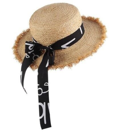 Women's Summer Straw Raffia Woven Print Ribbon Decor Beach Hat