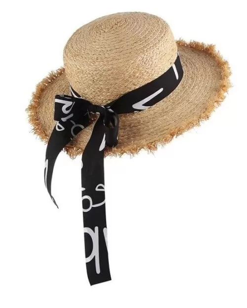 Women's Summer Straw Raffia Woven Print Ribbon Decor Beach Hat