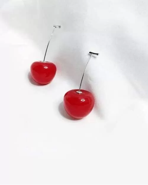 StrollGirl 925 Sterling Silver Cute Red Cherries Long Drop Earrings