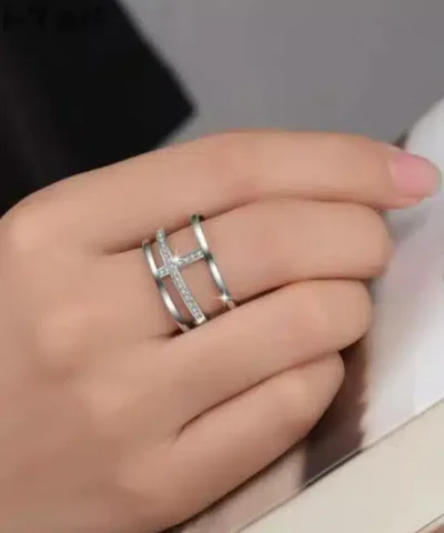 Stroll Girl 925 Sterling Silver Simple Opening Double-Layer Cross Ring