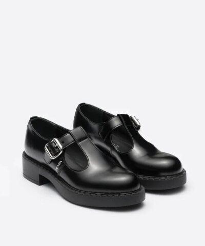 Prada Black Brushed-Leather Mary Jane T-Strap Shoes