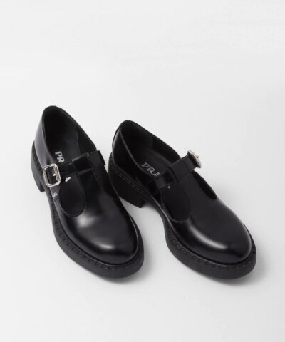 Prada Black Brushed-Leather Mary Jane T-Strap Shoes
