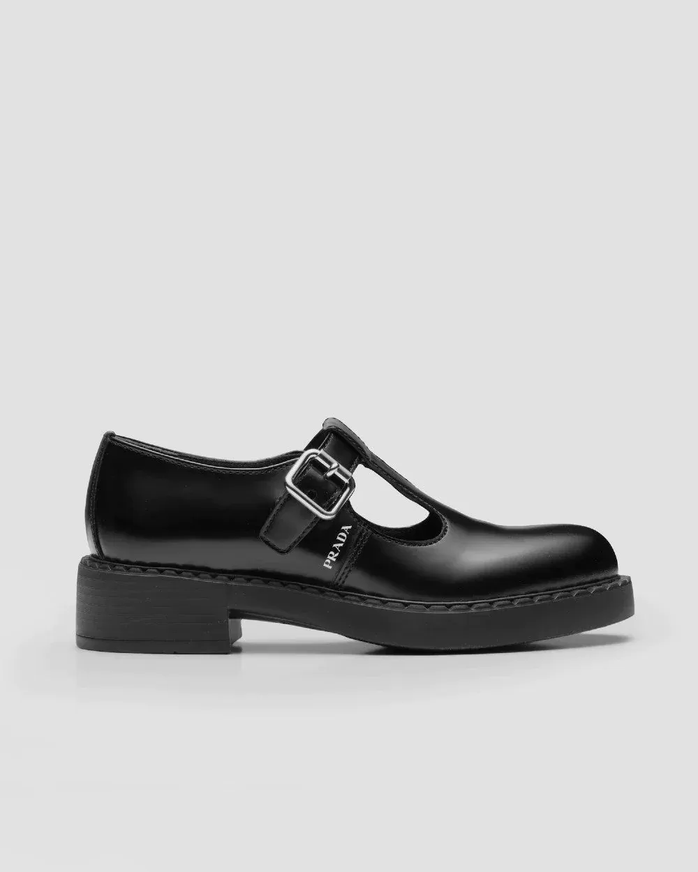 Prada Black Brushed-Leather Mary Jane T-Strap Shoes